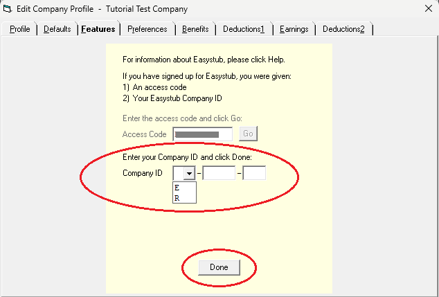 Easystub Company ID entry fields