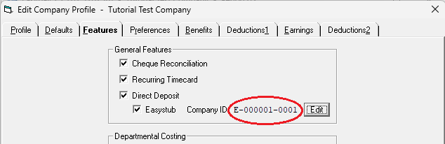 General Features section with Easystub <code>Company ID</code> displayed
