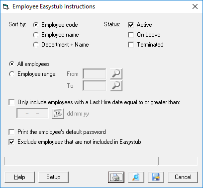 Employee Easystub Instructions window