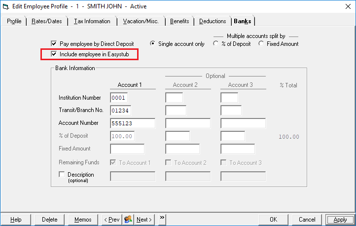 Edit Employee Profile Banks tab