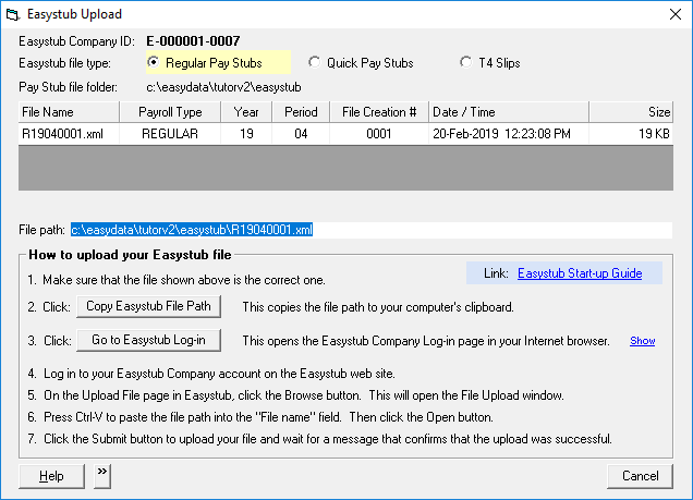 Easypay's Upload File window