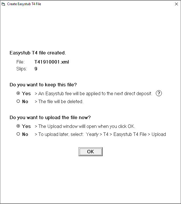 Create Easystub T4 File confirmation window