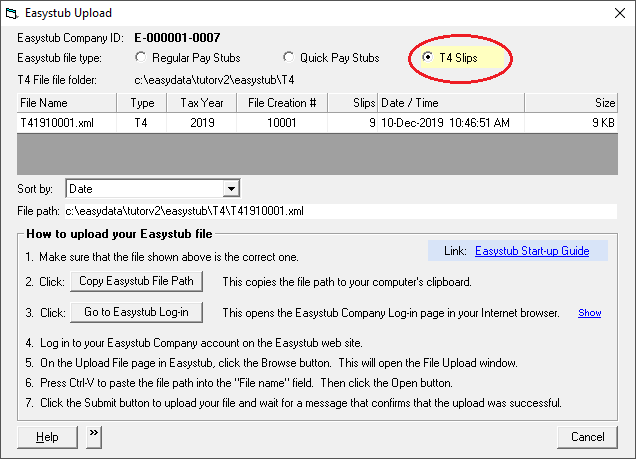 Easystub Upload window