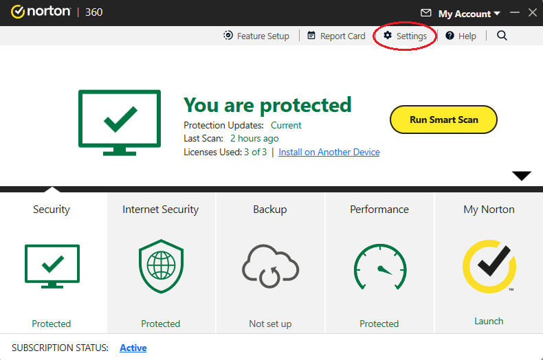 Norton Antivirus menu